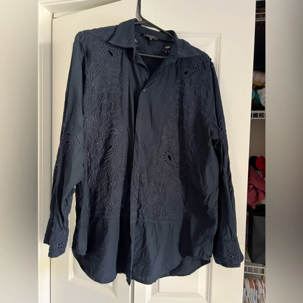 Rag & Bone Vivian Navy Paisley Embroidered Eyelet Button Down Shirt L - Picture 5 of 10